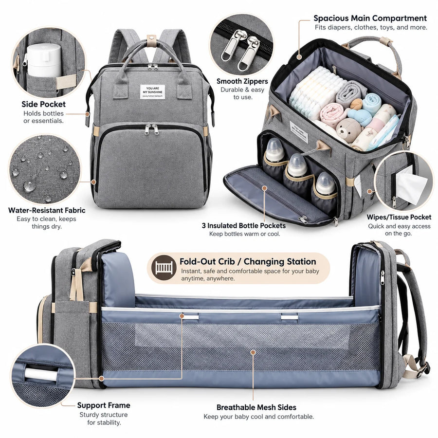 The backpack opened into its changing station on a bed